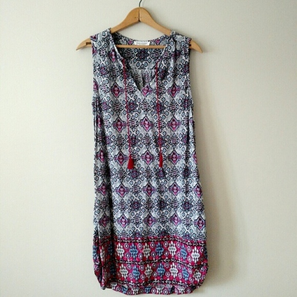 Beach Lunch Lounge Boho Tassel Shift Dress bkue Pink sz small - Picture 8 of 8